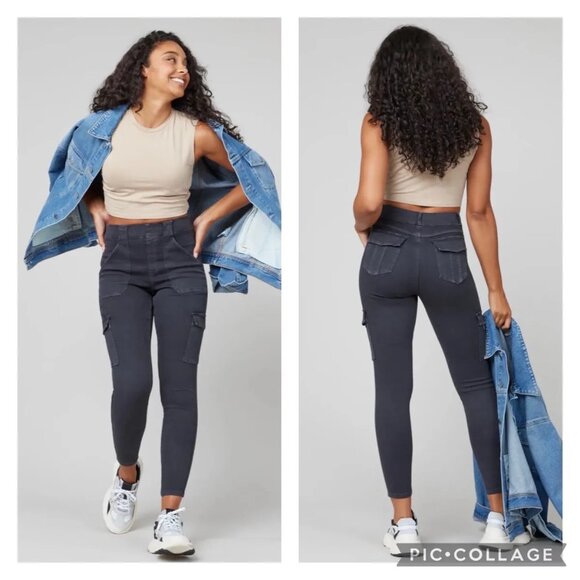 Spanx Size Petite Medium Washed Black Stretch Twill Ankle Cargo Pants - Picture 9 of 9